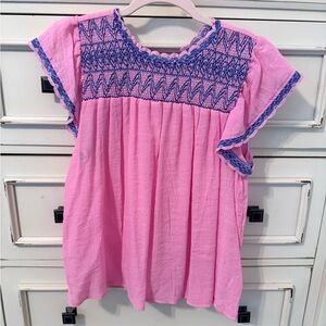mine Pink Top with Blue Embroidered Trim